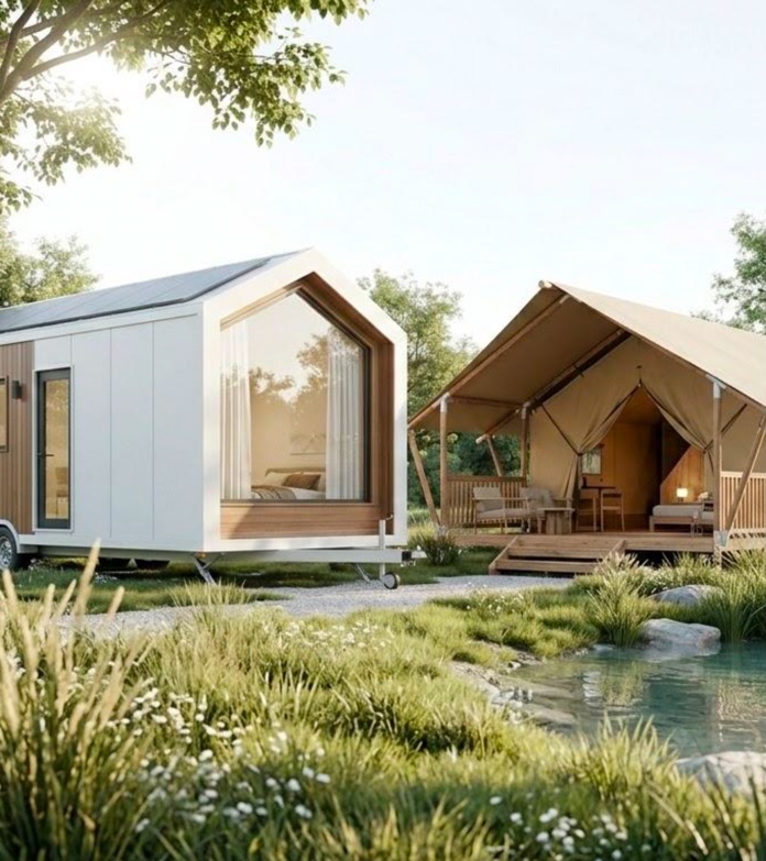 Tiny house de luxe avec structure acier corten et toile, ombrière photovoltaïque visible en arrière-plan